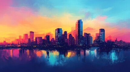 Fototapeta premium City skyline reflected in the water at sunset.