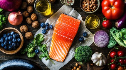 Healthy Food Ingredients: Salmon, Vegetables, and Fruits