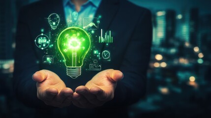 Fototapeta premium A man is holding a green light bulb in his hand