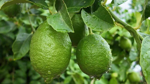 Plano corto close up de limones con gotas de roc&iacute;o, en las ramas de un limonero con hojas verdes movi&eacute;ndose por el viento, concepto de frescura, alimentaci&oacute;n sana de huerta y naturaleza