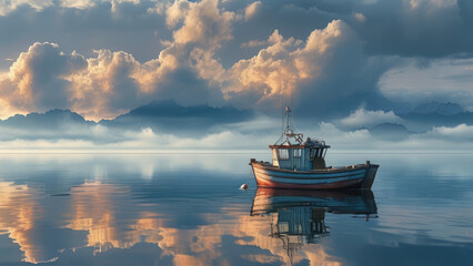 Fototapeta premium Fisherman at Sea: Morning Serenity on the Ocean