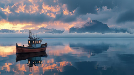 Fototapeta premium Fisherman at Sea: Morning Serenity on the Ocean