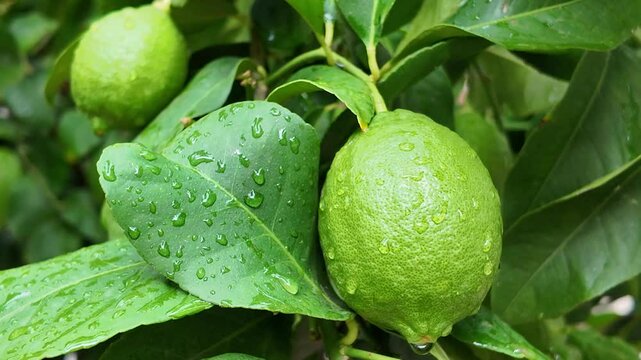 Plano corto close up de limones con gotas de roc&iacute;o, en las ramas de un limonero con hojas verdes movi&eacute;ndose por el viento, concepto de frescura, alimentaci&oacute;n sana y naturaleza
