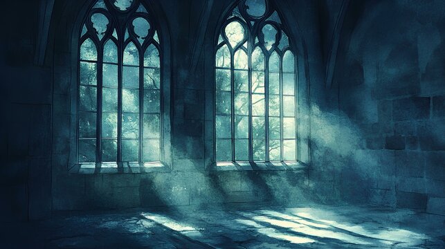 A dark, atmospheric interior featuring gothic windows, with beams of light piercing through the mist, creating an eerie yet enchanting ambiance.