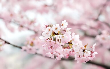 A close-up of delicate pink cherry blossoms blooming on a branch, with a soft blurred background of more blossoms.