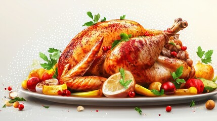 roasted turkey with vegetables and herbs is a traditional dish for thanksgiving or christmas day. ai generative transparent background