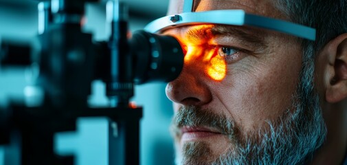 Senior man taking an eye exam with high-tech ophthalmic device, illustrating precision eye care and age-related health monitoring