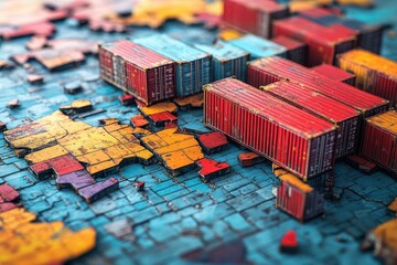 Fractured global map with shipping container fragments, symbolizing disrupted trade relations