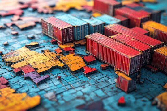 Fractured global map with shipping container fragments, symbolizing disrupted trade relations