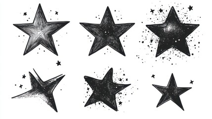Obraz premium Stars ink sketch vector set. Planet space symbol shimmer falling comet sky five pointed design element black icons, isolated on white background. transparent background