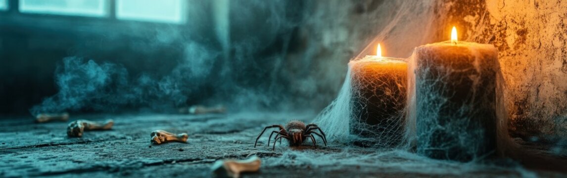Candles flicker in a dim, cobweb-filled room with a plastic spider enhancing the spookiness