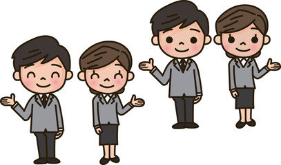 スーツ姿で案内をする男女