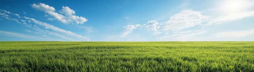 Fototapeta premium Green Grass Field with Blue Sky and White Clouds