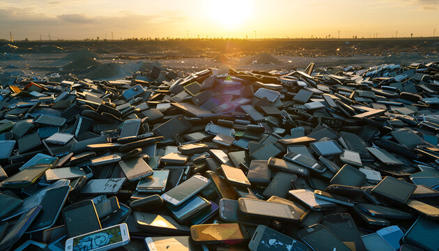 massive pile of discarded smartphones, reflecting sunlight, symbolizes electronic waste and the rapid obsolescence of technology