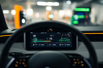 detailed image of an electric vehicle's dashboard displaying energy consumption stats, with a backdrop of a charging station in a clean and efficient design.