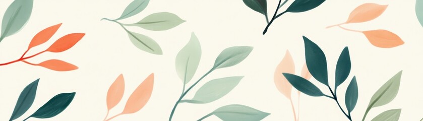 Abstract Watercolor Green and Peach Leaves on White Background