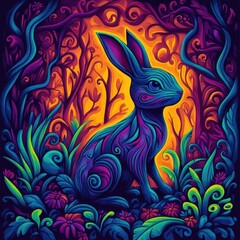 Obraz premium Surreal rabbit in a dreamlike forest, surrounded by fantastical elements and vibrant, otherworldly colors.