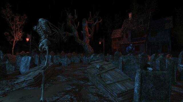 Esqueletos caminan por un antiguo cementerio y se dirigen a la casa de la bruja en una noche lluviosa