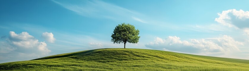 Single Tree on Green Hill with Blue Sky and Clouds