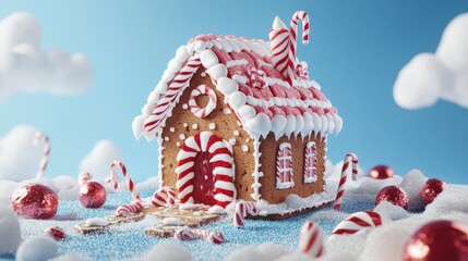 A festive gingerbread house adorned with candy and canes, sitting on a table against a blue background with a blue sky. Generative AI