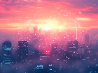 Obraz premium City skyline at sunset with pink sky