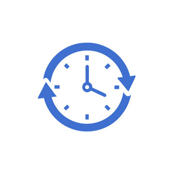 Clock illustration in blue color with arrows on white background for time management design purpose with copy space