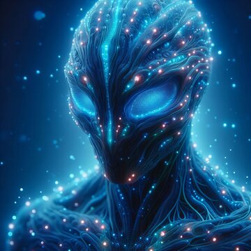 A striking portrait of a futuristic alien with glowing, intricate bioluminescent patterns covering its face and body. The digital artwork showcases a mysterious, otherworldly being in an advanced sci