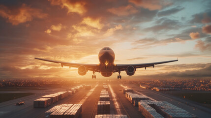 Naklejka premium A time-critical air freight scenario, with a cargo plane flying at high speed, carrying essential goods that must reach their destination promptly