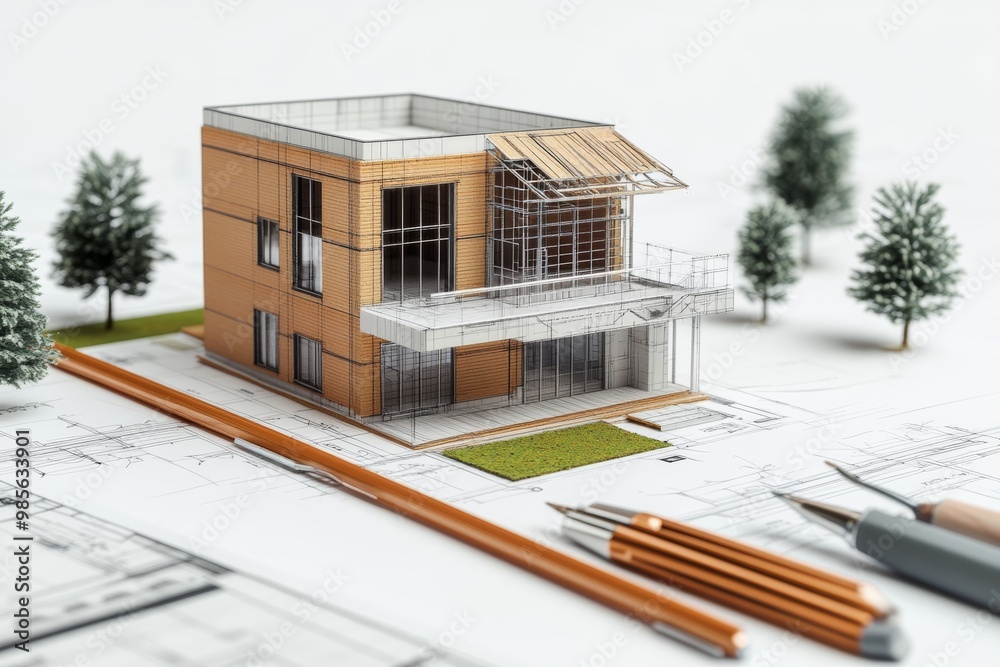 Poster 3D rendering of an architectural model with drafting instruments on a white background