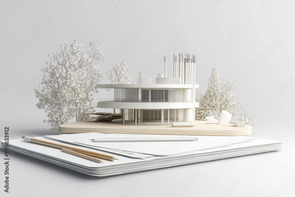 Poster 3D rendering of an architectural model with drafting instruments on a white background