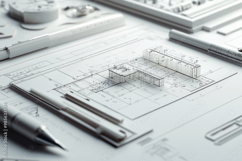 Poster 3D rendering of an architectural model with drafting instruments on a white background
