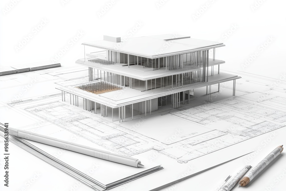 Poster 3D rendering of an architectural model with drafting instruments on a white background
