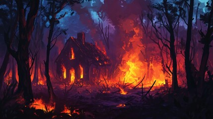 A burning house in the middle of a forest fire, surrounded by towering trees.