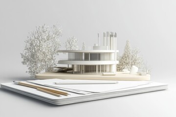 3D rendering of an architectural model with drafting instruments on a white background