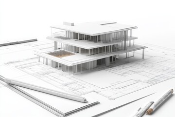 3D rendering of an architectural model with drafting instruments on a white background