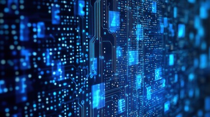Abstract blue background of digital data streams flowing through a futuristic circuit board.