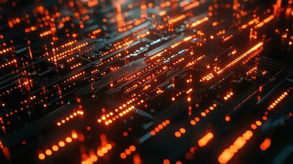 Fototapeta premium Abstract circuit board with glowing orange lights.