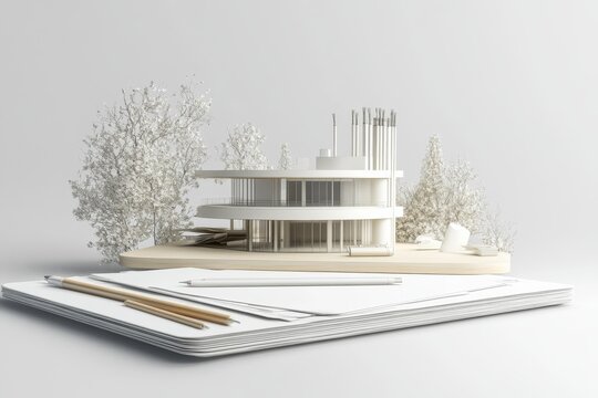 3D rendering of an architectural model with drafting instruments on a white background