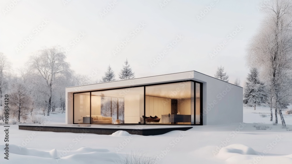 Poster a sleek minimalist house with large glass windows and clean lines surrounded by a pristine white bac