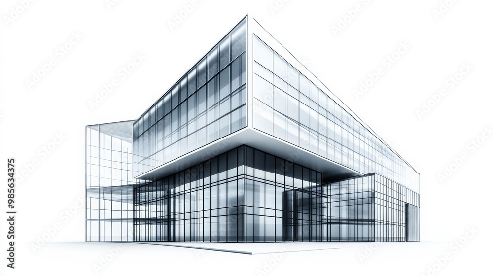 Leinwandbilder Building with modern architectural design featuring sleek glass panels and minimalist lines isolated on a white background showing the front and side view