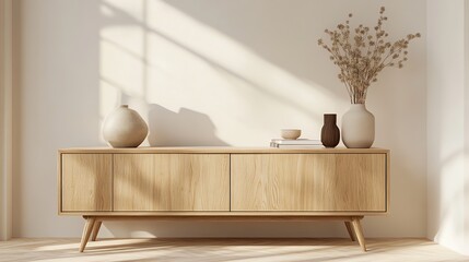 Wooden Cabinet with Vases and Dried Flowers in a Minimalist Interior