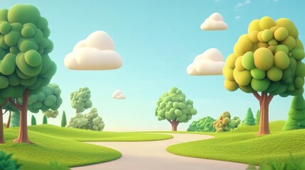 A cartoon-style winding path through a lush green park with puffy clouds in a bright blue sky.