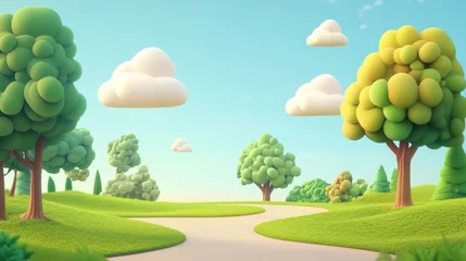 Gardinen A cartoon-style winding path through a lush green park with puffy clouds in a bright blue sky. © h4kunA