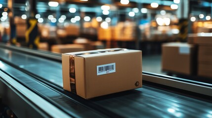 Cardboard Box on Conveyor Belt in Warehouse.
