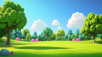 Photo sur Plexiglas A whimsical cartoon landscape with green trees, pink flowers, and white clouds against a bright blue sky.