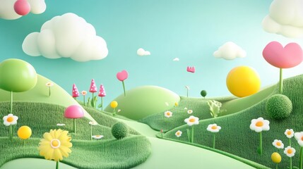 A whimsical 3D illustration of a cartoon landscape with green hills, white clouds, colorful flowers, and a bright blue sky.