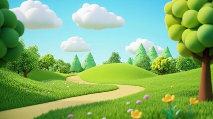 Cartoon-style path winding through green hills and trees under a blue sky with puffy clouds.