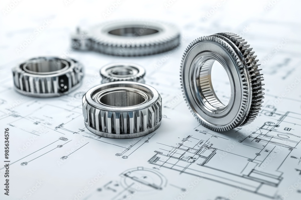 Poster close-up of mechanical gears and bearings with technical drawings in the background isolated on whit