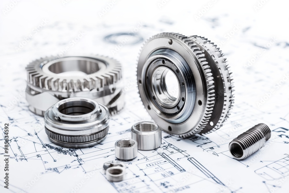 Poster close-up of mechanical gears and bearings with technical drawings in the background isolated on whit