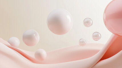 A minimalist and elegant composition featuring white and pink spheres floating above a soft pink background. The spheres are smooth and translucent, creating a sense of depth and texture.